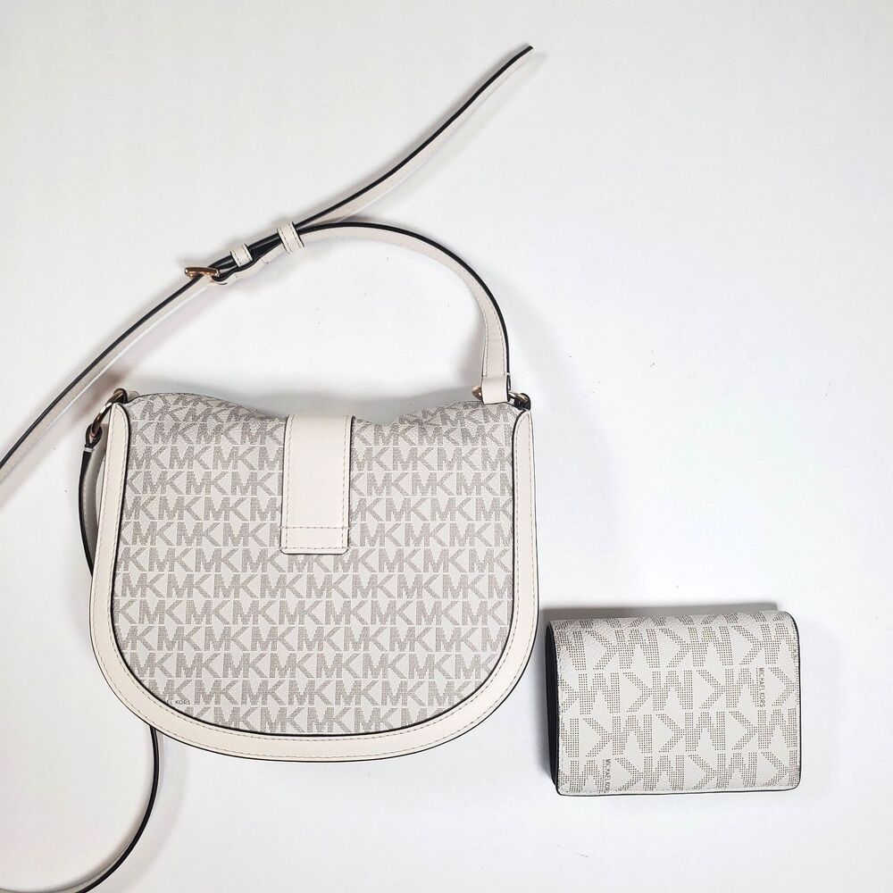 Michael Kors Women’s Crossbody Bag Small Beige Gabby Logo Print Hobo MK & Wallet - Picture 2 of 16